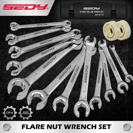 12-piece flare nut spanner set with metric and SAE sizes and Teflon tape for brake line and plumbing repairs