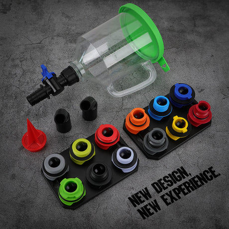 17-piece engine oil funnel kit with colour-coded adapters, magnetic tray and leak-proof 1.5L funnel for easy vehicle oil changes
