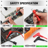 Multimeter test leads set with probes, alligator clips, and tweezers for precise electrical testing and circuit diagnostics.