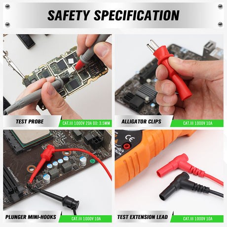 Multimeter test leads set with probes, alligator clips, and tweezers for precise electrical testing and circuit diagnostics.