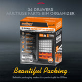 Wall mount 36 drawer parts organiser with clear and orange bins for screws, tools, and hardware storage