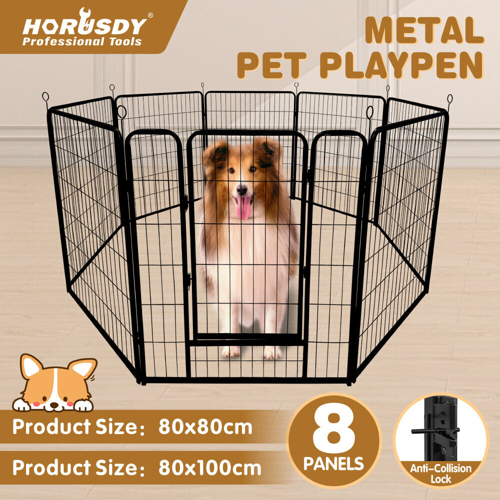Foldable and adjustable metal pet playpen with 8 panels for indoor and outdoor use, suitable for small to large pets.