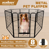 Foldable and adjustable metal pet playpen with 8 panels for indoor and outdoor use, suitable for small to large pets.