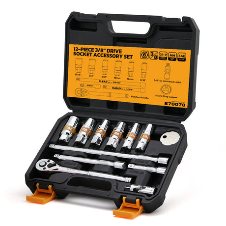 12-piece 3/8" drive socket accessory set with CR-V steel, 6-point design, includes extension bars, universal joint, spark plug gapper, and ratchet handle.