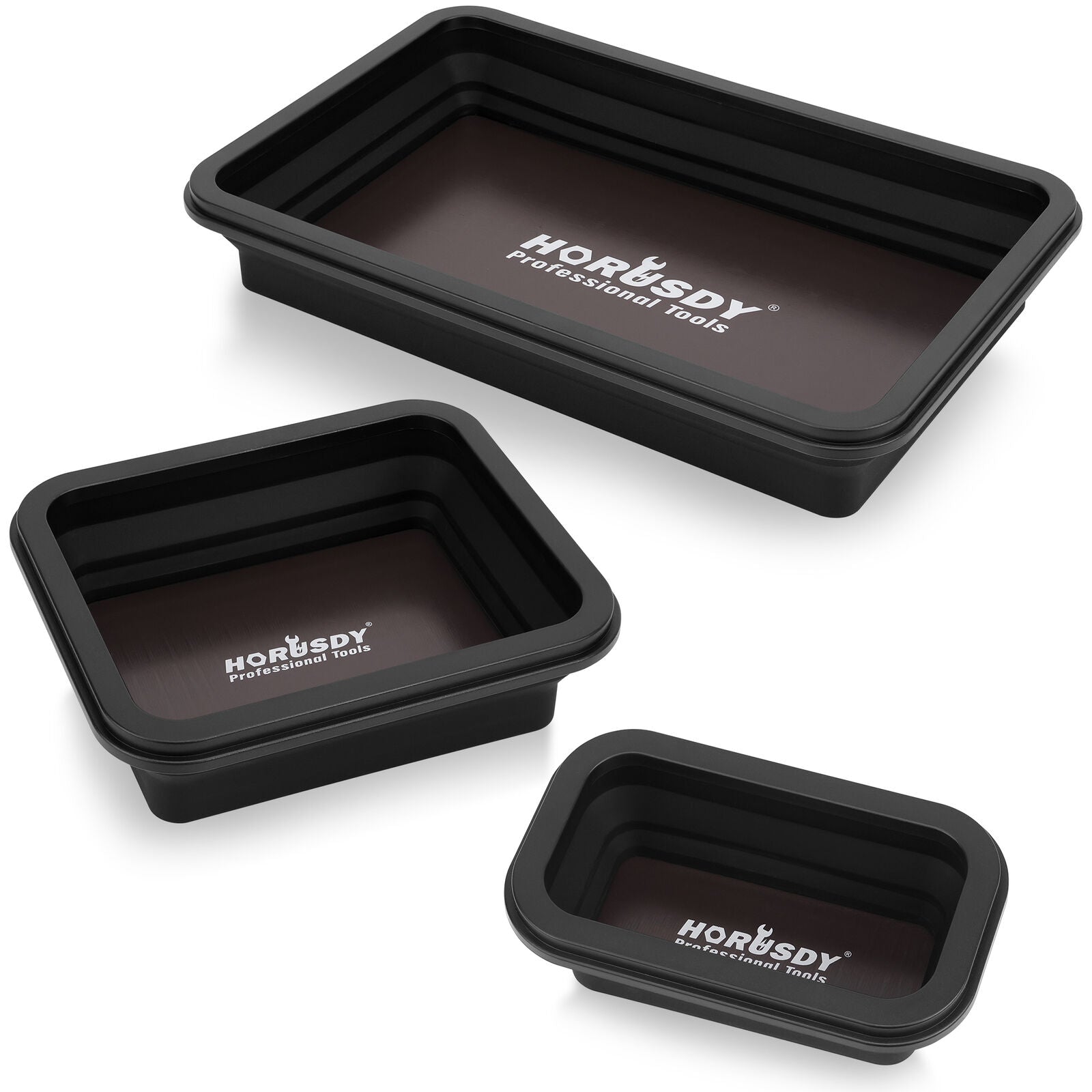 Black HORUSDY magnetic parts tray set in three sizes for tool organization and storage