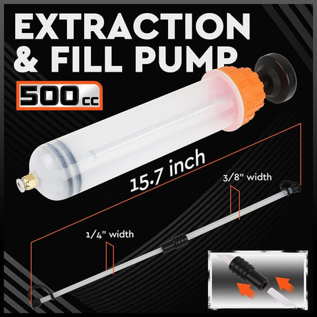 HORUSDY 500cc fluid extraction and fill pump with dual hoses and locking cap, ideal for oil and coolant transfer in cars, bikes, trucks, and lawn equipment.