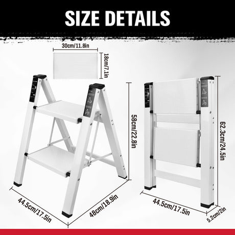 Folding step ladder with 2-step and 3-step options, featuring a compact, space-saving design, non-slip steps, and a 150kg weight capacity, ideal for home and office applications