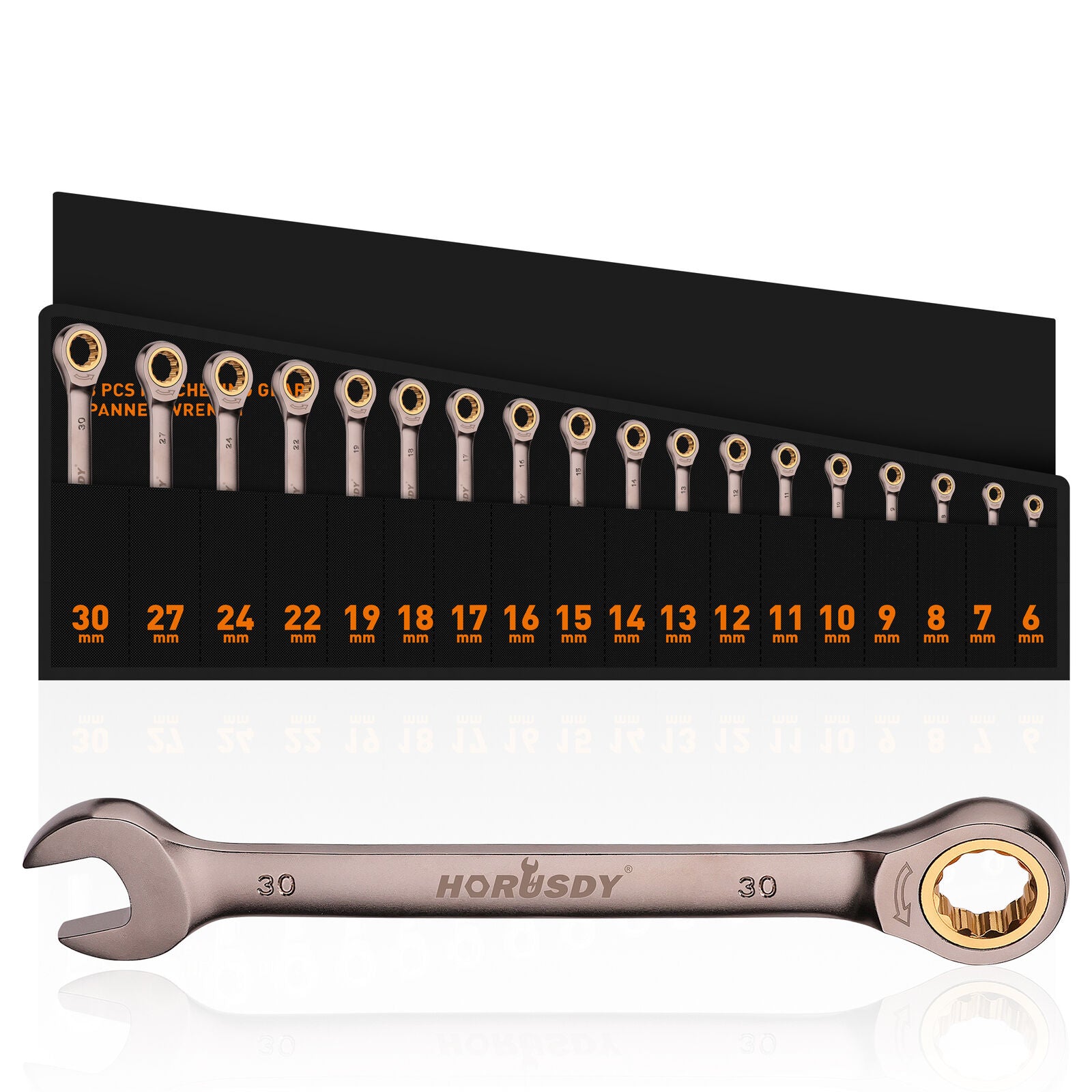 High-quality HORUSDY 18-piece metric ratchet spanner set and CR-V steel, ranging from 6mm to 30mm, designed for automotive and household applications with a durable 72-tooth ratchet mechanism