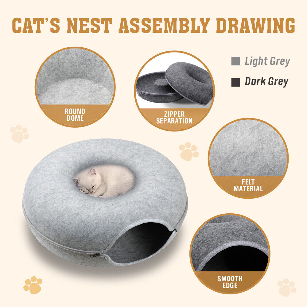 Cozy VaKa Cat Tunnel Bed in light and dark grey, M and L sizes, with a detachable and washable design, offering a free toy for cats.