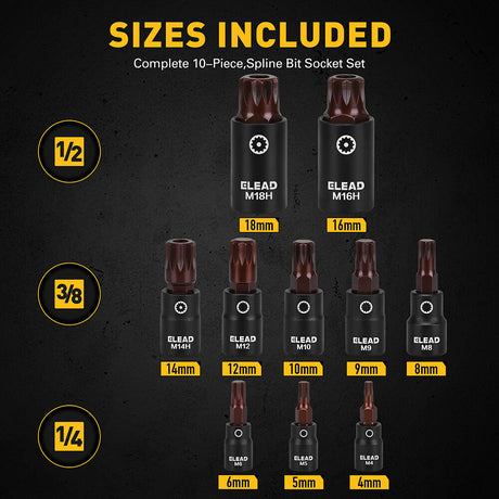 ELEAD 13-Piece Spline Bit Socket Set with S2 Alloy Steel and CR-V, Includes 3 Adapters for Versatile Applications
