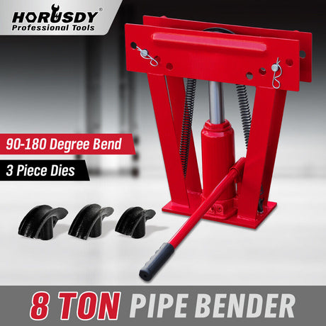8-ton hydraulic pipe bender with 3-piece die set for precise 90-180 degree bending of various metal pipes, including steel, aluminum, and copper.