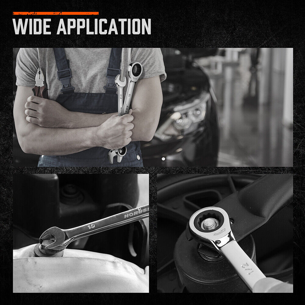 Complete set of 24 HORUSDY ratcheting combination spanners in metric and SAE sizes, showcased with a durable storage case