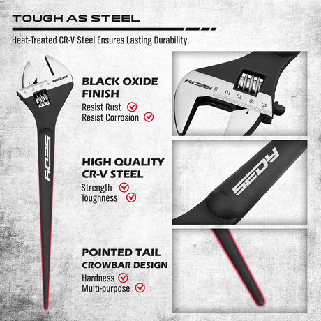 13-piece adjustable wrench set with heavy-duty Cr-V steel, laser-etched scale, rust-resistant finish, and crowbar design.
