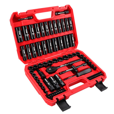 SEDY 96-piece 3/8-inch drive impact socket set with SAE & metric sizes, screwdriver bits, extension bar, and universal joint in case