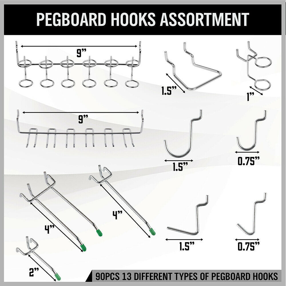 SWANLAKE 90PC Pegboard Hooks Storage Bin Hanger Locks Parts Holder Steel Tray Organizer