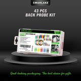 SWANLAKE 43-piece back probe test lead kit with silicone wires, multicolour probe pins, alligator clips, and banana plug connectors for diagnostic testing.