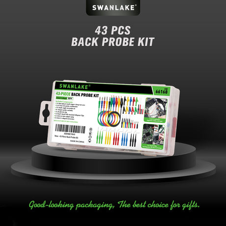 SWANLAKE 43-piece back probe test lead kit with silicone wires, multicolour probe pins, alligator clips, and banana plug connectors for diagnostic testing.