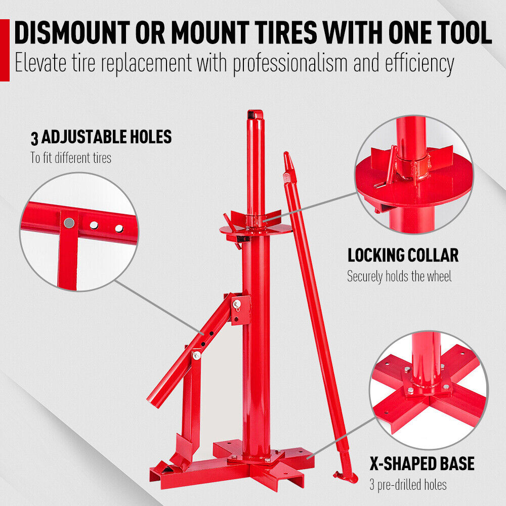 Portable manual tire changer bead breaker tool for cars, trucks, and motorcycles, featuring a durable red steel frame for easy tire removal and installation.