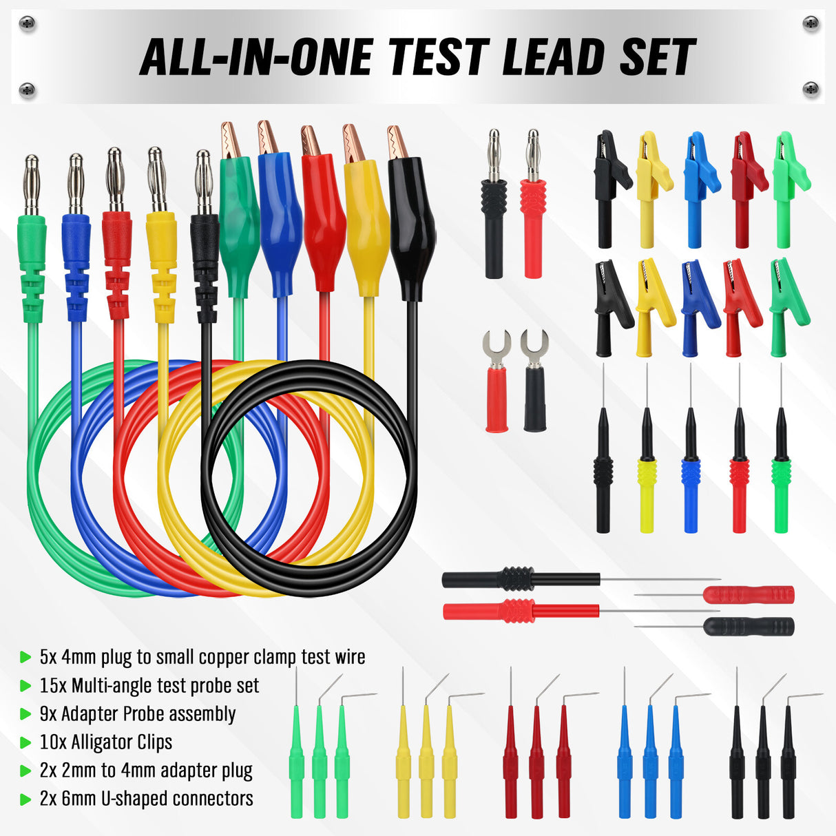 SWANLAKE 43-piece back probe test lead kit with silicone wires, multicolour probe pins, alligator clips, and banana plug connectors for diagnostic testing.