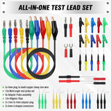 SWANLAKE 43-piece back probe test lead kit with silicone wires, multicolour probe pins, alligator clips, and banana plug connectors for diagnostic testing.