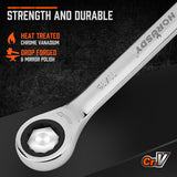 Complete set of 24 HORUSDY ratcheting combination spanners in metric and SAE sizes, showcased with a durable storage case