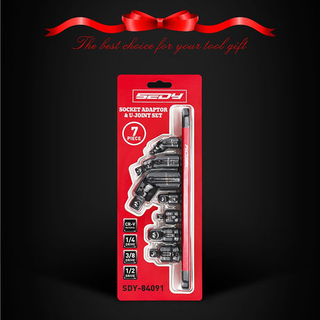 SEDY 7-piece impact socket adapter and universal joint set with magnetic rail, ideal for automotive and DIY tool storage