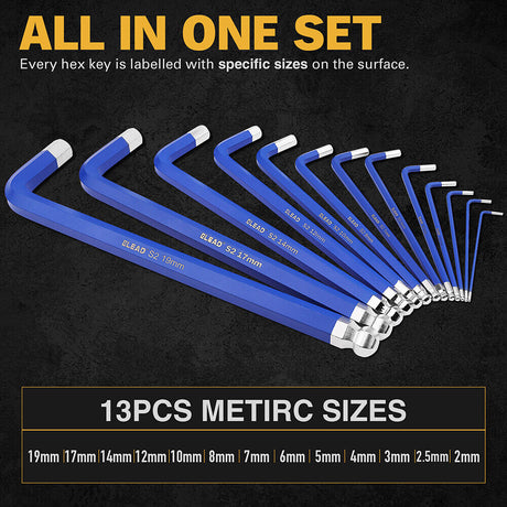 ELEAD 13-piece blue hex key set with ball ends and size indicators, ranging from 2-19mm, for precision work in tight spaces