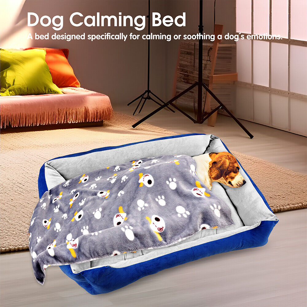 Vaka Dog Calming Bed in L, XL, XXL sizes, showcasing included free blankets and plush dog toy for the ultimate pet comfort.