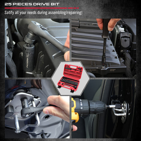 SEDY 64-piece socket and bit wrench set with CR-V steel sockets, universal joint, ratchet handle, and hard carry case for automotive and home tool kits