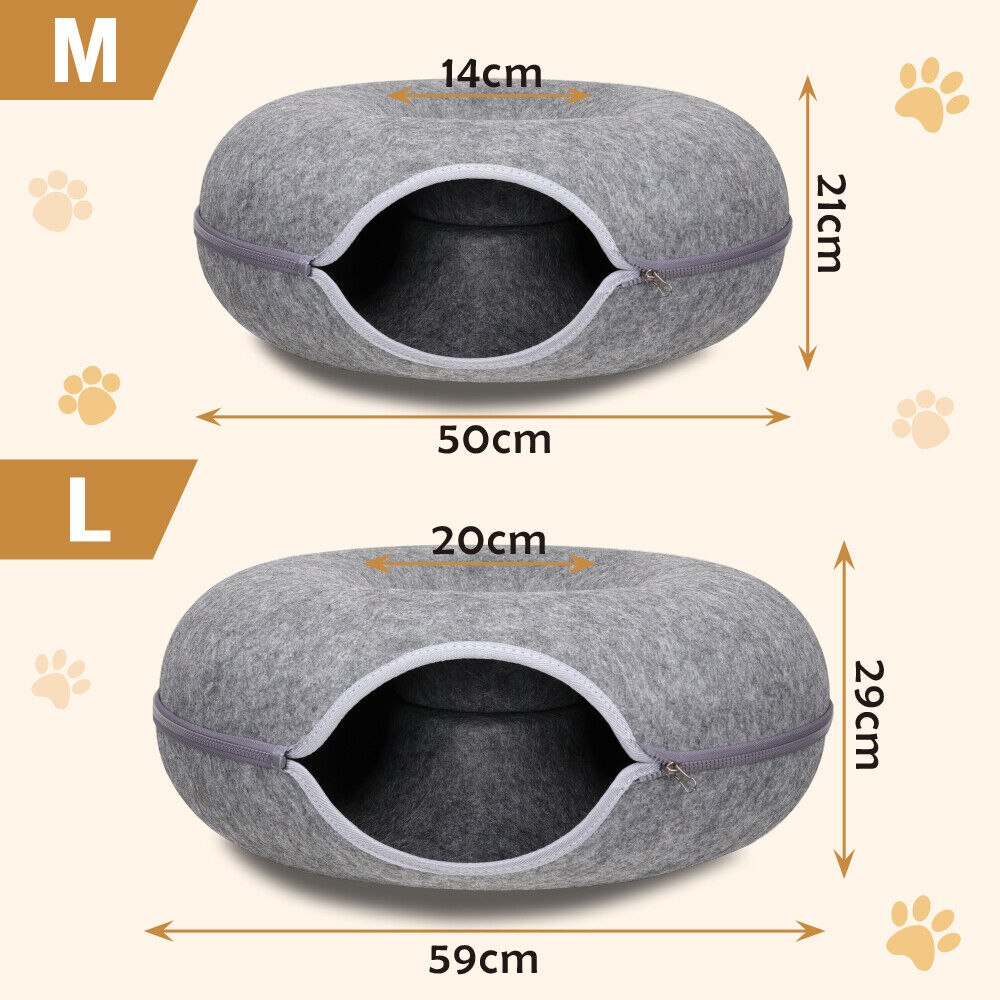 Cozy VaKa Cat Tunnel Bed in light and dark grey, M and L sizes, with a detachable and washable design, offering a free toy for cats.