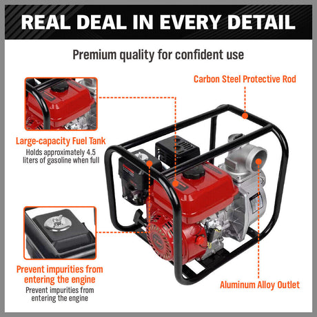 Gasoline water pump with 6.5HP engine, 60m³/h flow rate, 3-inch outlet, perfect for large-scale irrigation and water transfer.