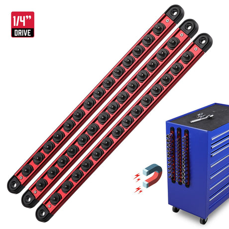 Magnetic socket organizer set with detachable trays for 1/4", 3/8", and 1/2" drive sockets. Ideal for garage tool organization.