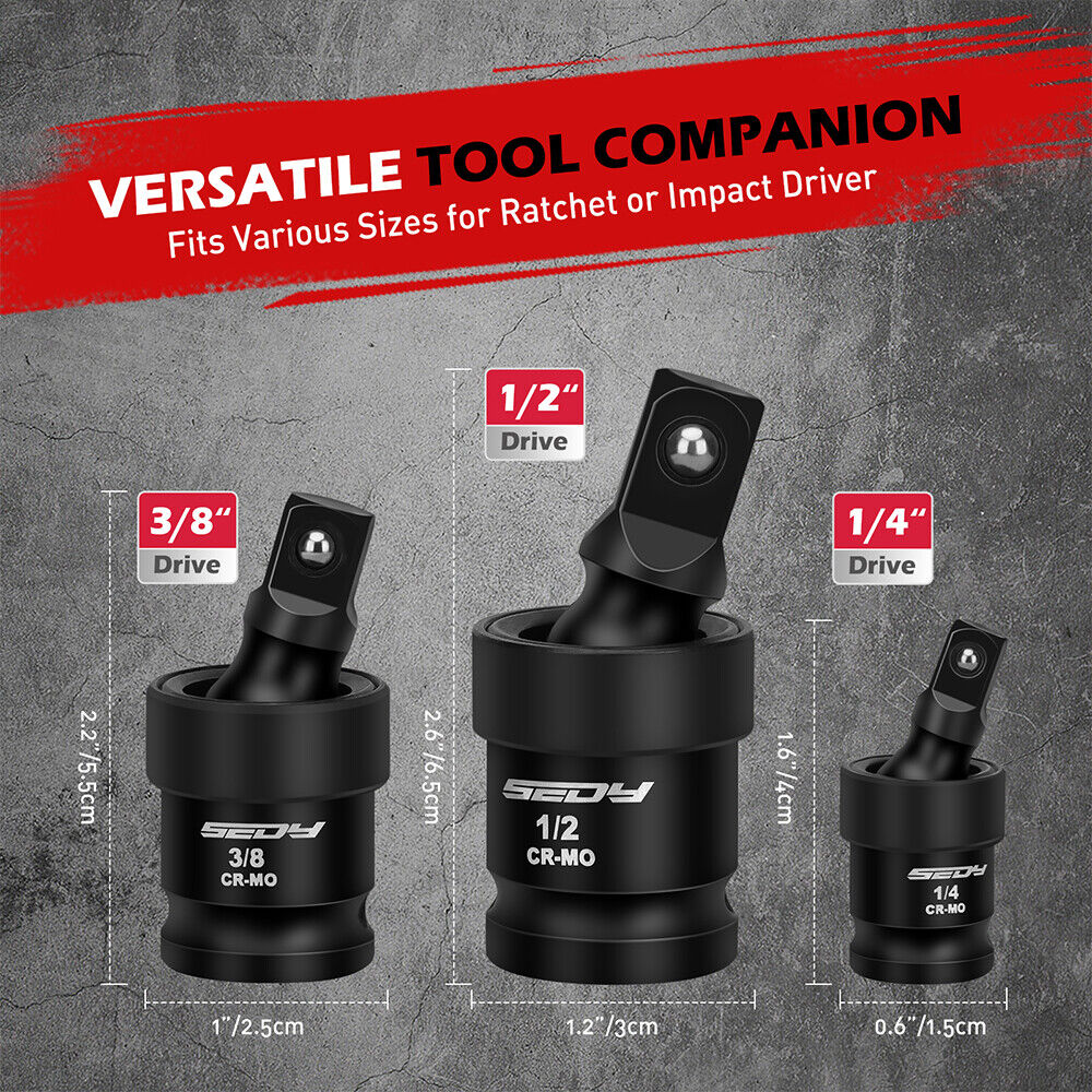Sedy 3-piece impact universal joint socket set with 1/4", 3/8", and 1/2" drives, featuring Cr-Mo steel and 360-degree swivel for tight space access