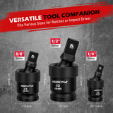 Sedy 3-piece impact universal joint socket set with 1/4", 3/8", and 1/2" drives, featuring Cr-Mo steel and 360-degree swivel for tight space access