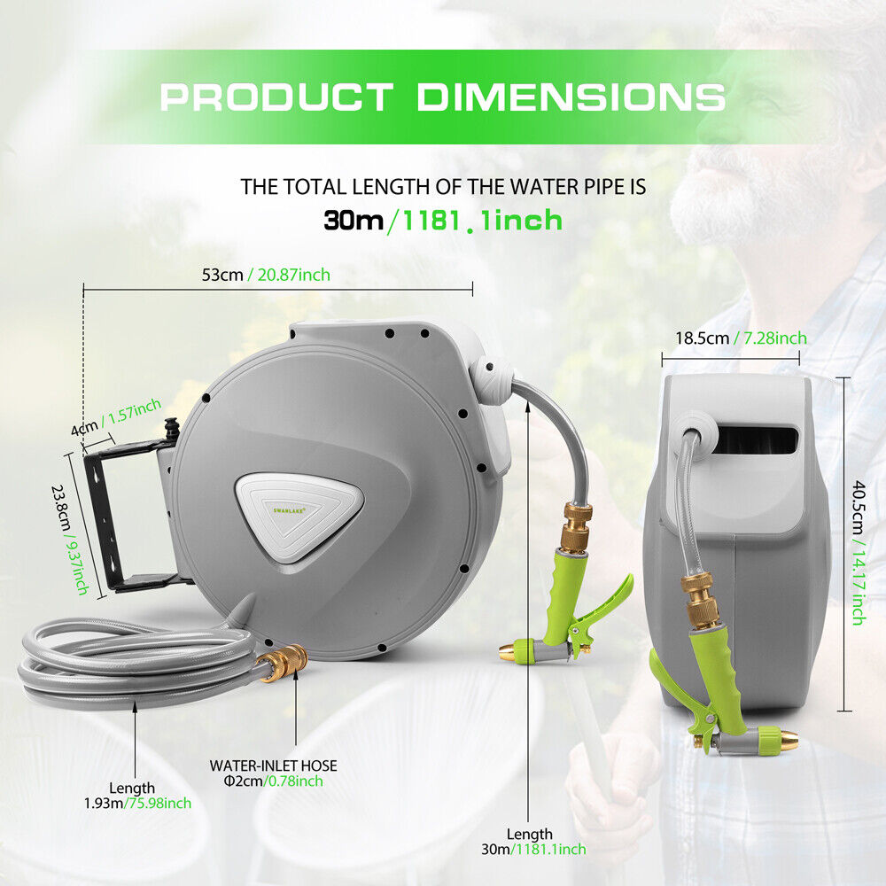 SWANLAKE retractable garden hose reel with 180-degree swivel, auto-rewind, and adjustable nozzle