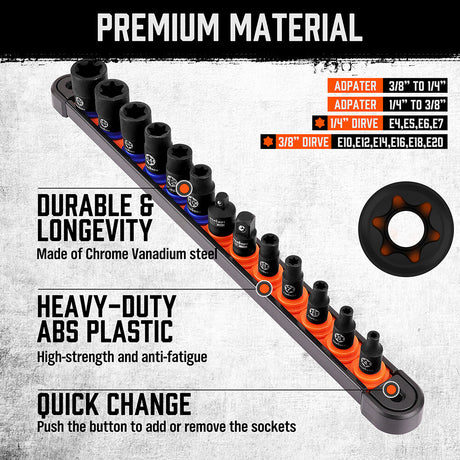 HORUSDY 13-piece female external star socket set with E4–E20 sizes, 2 drive adapters, durable CR-V steel construction and quick-release storage rack