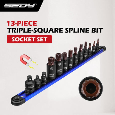 HORUSDY 13-piece triple square spline bit socket set with CR-V sockets, S2 bits, and a magnetic storage rail for mechanics and DIY use