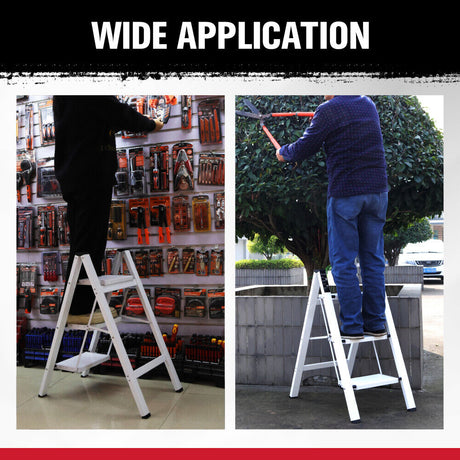 Folding step ladder with 2-step and 3-step options, featuring a compact, space-saving design, non-slip steps, and a 150kg weight capacity, ideal for home and office applications