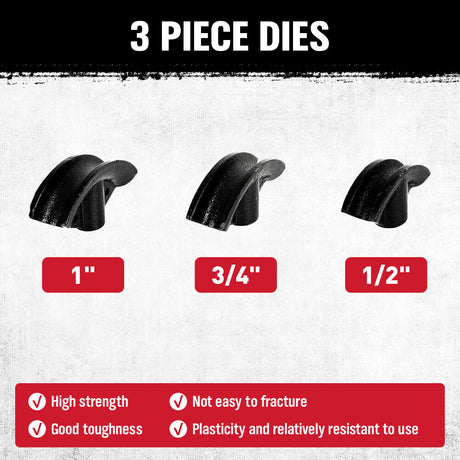 8-ton hydraulic pipe bender with 3-piece die set for precise 90-180 degree bending of various metal pipes, including steel, aluminum, and copper.