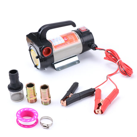 12V electric diesel fuel transfer pump kit with accessories including clamps, connectors, filter, and self-priming portable design