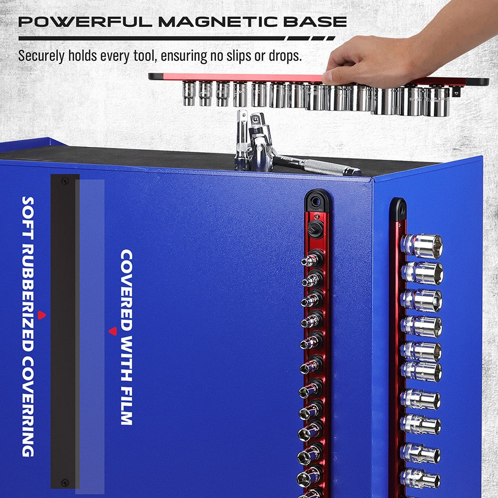 Magnetic socket organizer set with detachable trays for 1/4", 3/8", and 1/2" drive sockets. Ideal for garage tool organization.