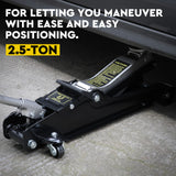 HORUSDY 2.5-ton hydraulic floor trolley jack with steel casters, large saddle, wide lift range, and carry handle for car repair and tyre replacement.