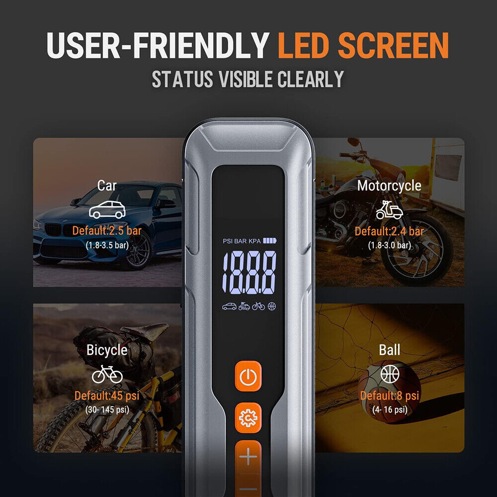 Portable digital tire inflator from HORUSDY with LED display, 6000mAh rechargeable battery, suitable for cars, motorcycles, bicycles, and sports balls.