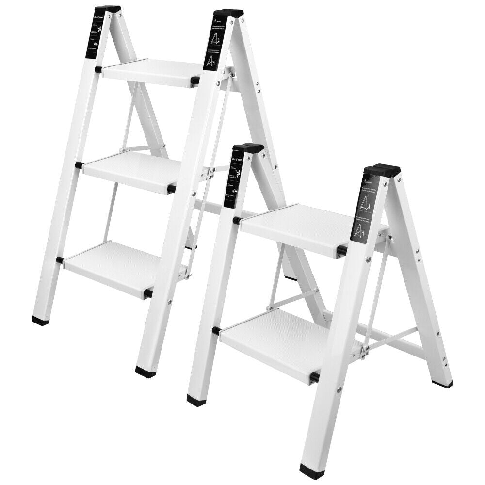 Folding step ladder with 2-step and 3-step options, featuring a compact, space-saving design, non-slip steps, and a 150kg weight capacity, ideal for home and office applications