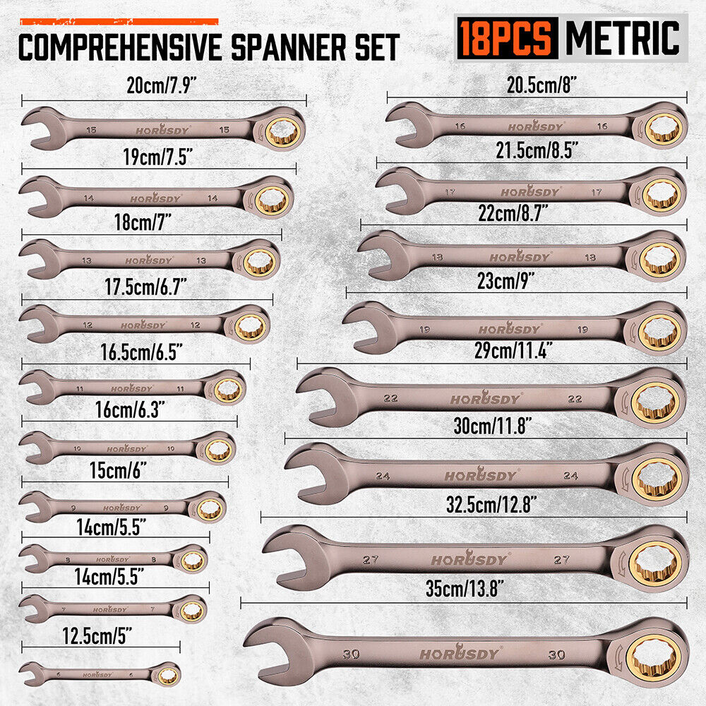 High-quality HORUSDY 18-piece metric ratchet spanner set and CR-V steel, ranging from 6mm to 30mm, designed for automotive and household applications with a durable 72-tooth ratchet mechanism