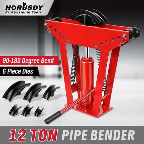12-ton hydraulic pipe bender with 6-piece die set for precision 90-180 degree bending of steel, aluminum, and copper pipes, ideal for professional metalworking.