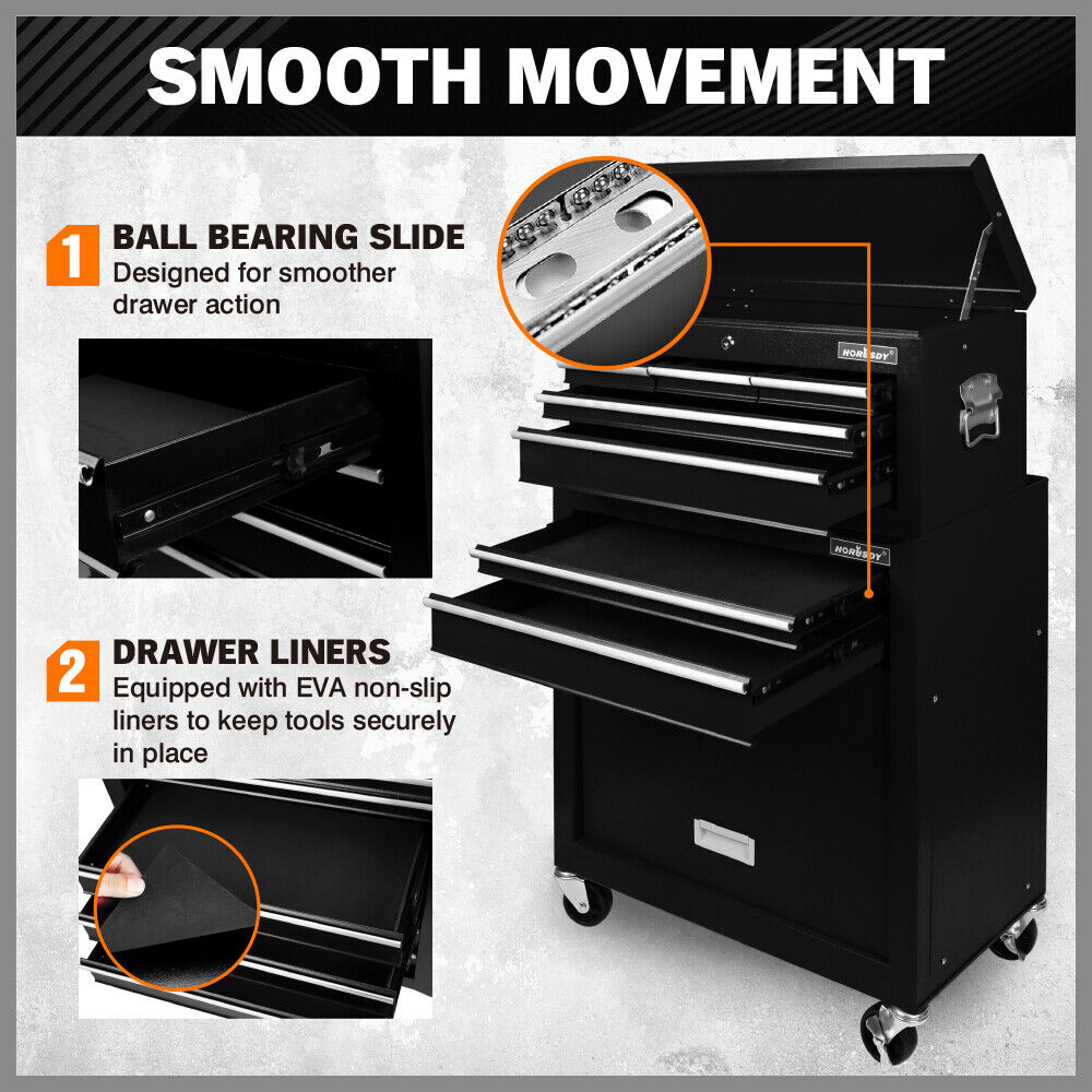 Heavy duty 7-drawer tool box chest with lockable storage cabinet in black, blue, and grey options