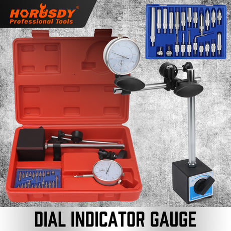 Precision dial indicator gauge set with magnetic base and 22 tip attachments for CNC, machining, alignment, and measuring applications