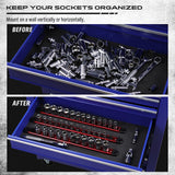 Magnetic socket organizer set with detachable trays for 1/4", 3/8", and 1/2" drive sockets. Ideal for garage tool organization.