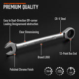 Complete set of 24 HORUSDY ratcheting combination spanners in metric and SAE sizes, showcased with a durable storage case